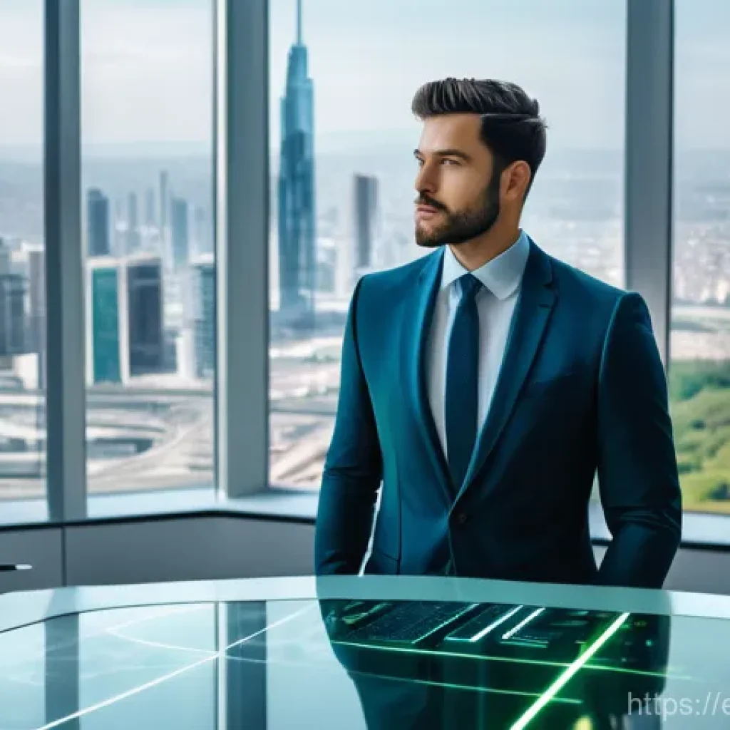 시뮬레이션게임의 교육적 가치 - **Futuristic City Strategist** A wide shot depicting a diverse, professionally dressed young adu...