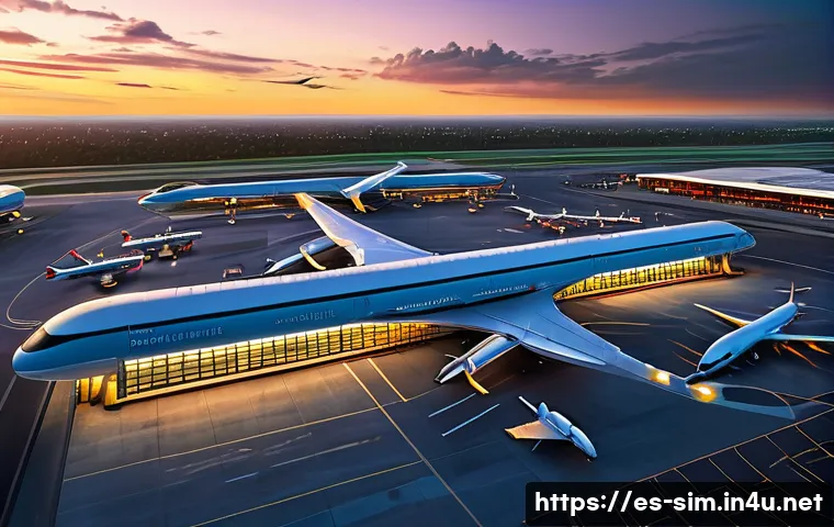 시뮬레이션게임에 적합한 그래픽카드 - A breathtaking aerial view of a sprawling, photorealistic international airport at sunset, bustling ...