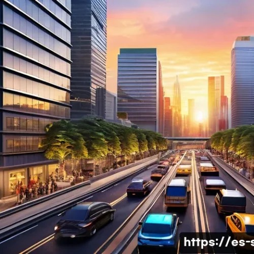 싱글플레이 시뮬레이션게임 분석 - A hyperrealistic city-building simulation scene at sunset, showcasing detailed urban architecture wi...
