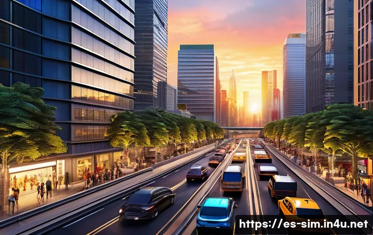 싱글플레이 시뮬레이션게임 분석 - A hyperrealistic city-building simulation scene at sunset, showcasing detailed urban architecture wi...