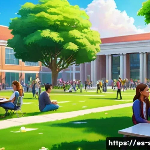 시뮬레이션게임의 확장팩 소개 - A vibrant and detailed digital art scene of a bustling university campus from a life simulation game...