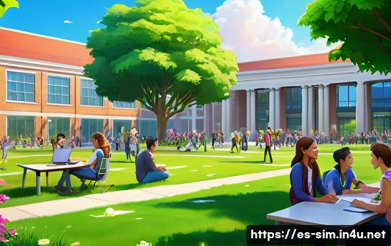 시뮬레이션게임의 확장팩 소개 - A vibrant and detailed digital art scene of a bustling university campus from a life simulation game...