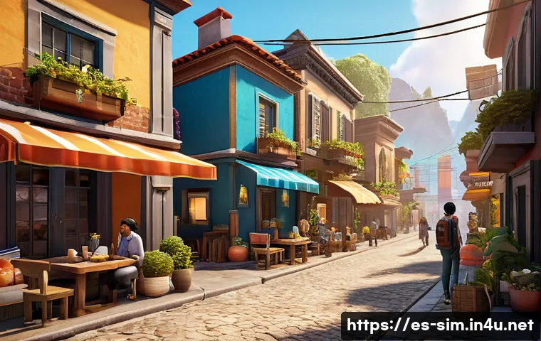 모바일 시뮬레이션게임 신작 - A highly detailed mobile game scene showcasing a vibrant virtual world blending simulation and narra...
